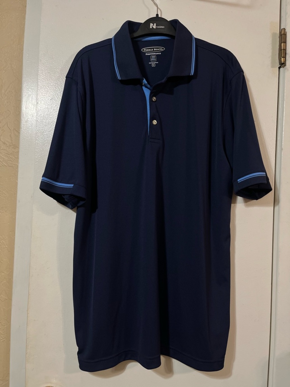 Pebble Beach Men’s XL Navy Golf Performance Polo with Light Blue Trim